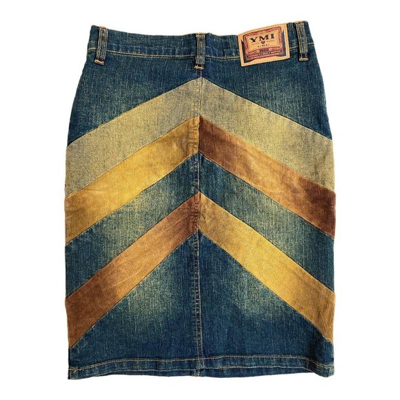 🍓90s VINTAGE PATCHWORK DENIM & CORDUROY PENCIL SKIRT🍓 - Picture 2 of 4